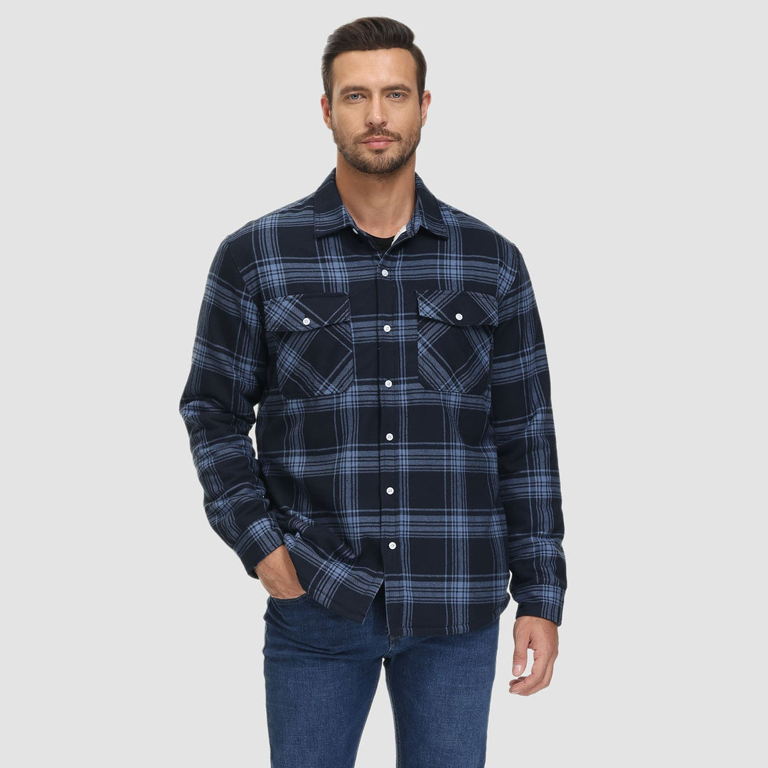 Outfit featuring a men's fleece-lined flannel button-down jacket worn over a t-shirt, casual and cozy
