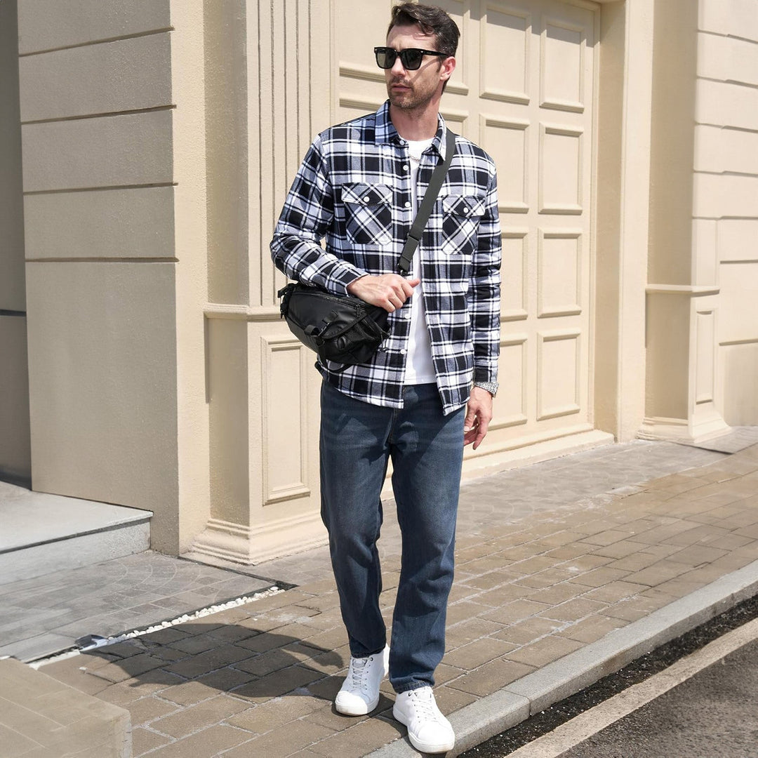 Men's flannel jacket in a vibrant plaid, fleece lined, ensuring comfort and warmth for fall and winter