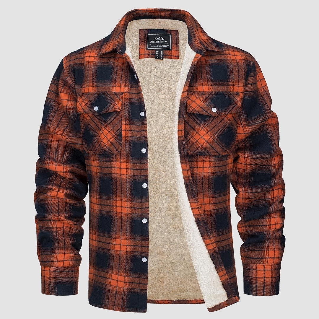 Stylish men's plaid flannel jacket with functional button-down closure and cozy fleece lining for fall fashion