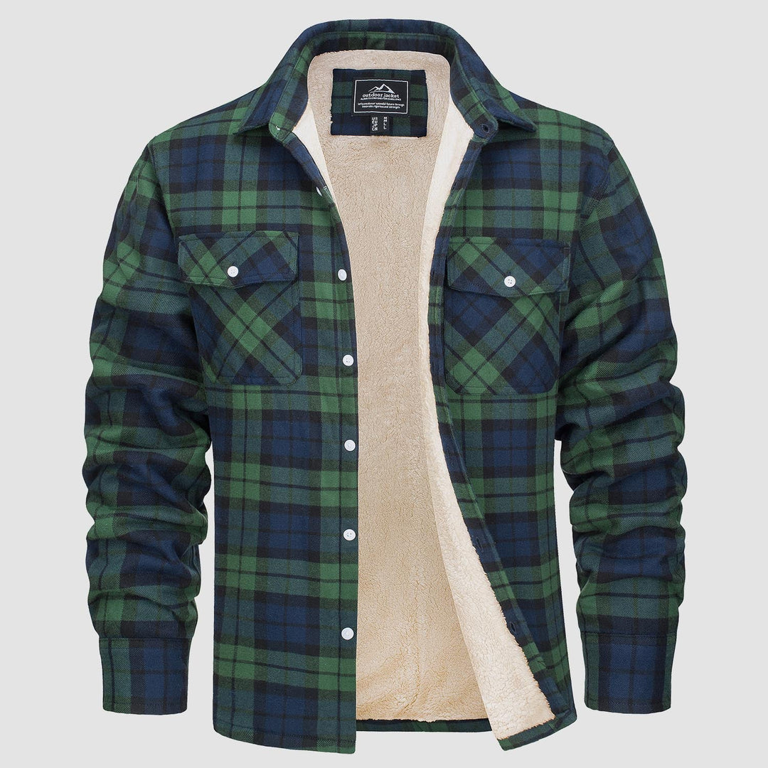 Detailed view of the button closure and collar on a men's flannel fleece lined jacket, suitable for casual wear