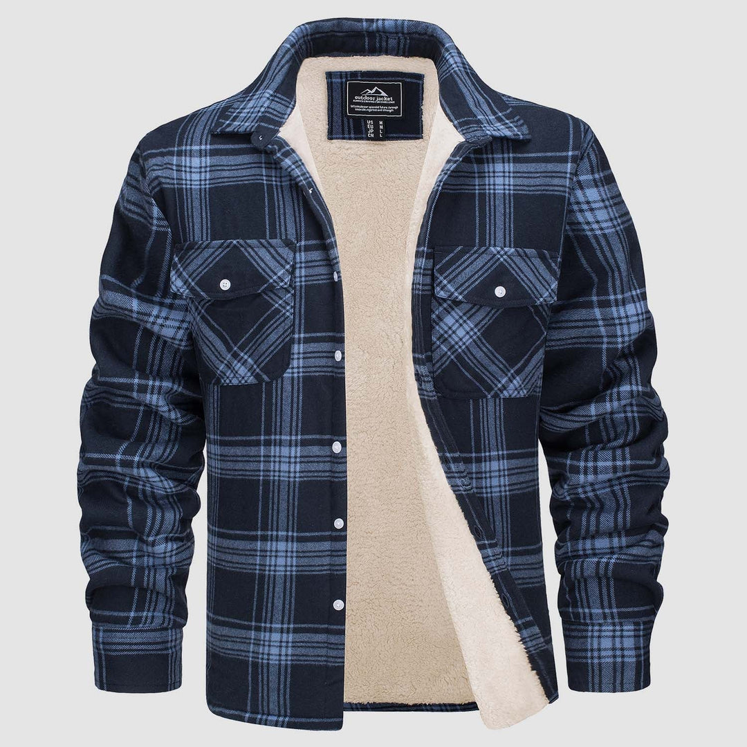 Men's blue and brown plaid flannel jacket, fleece lined for extra warmth, a durable button-down winter coat