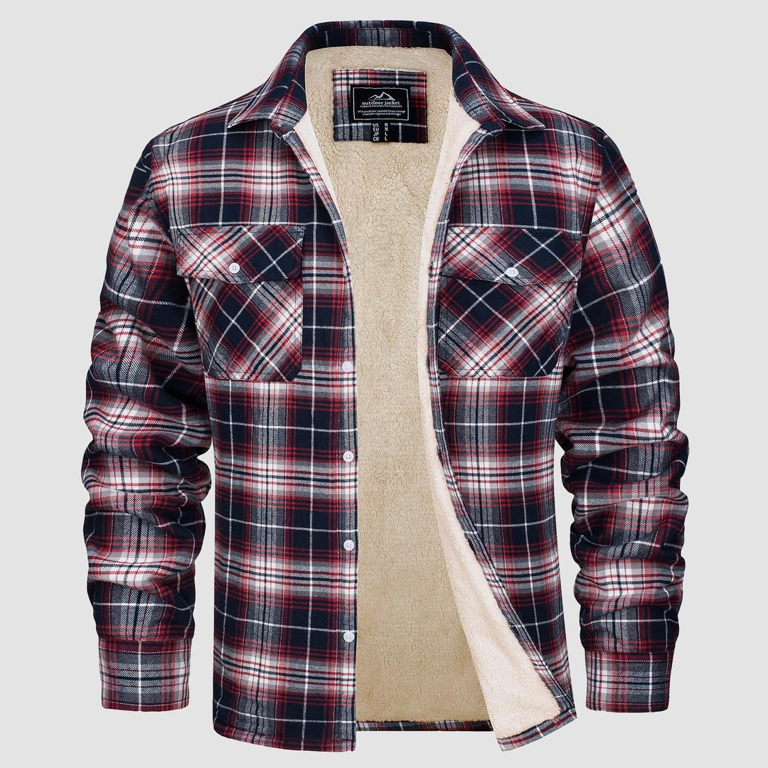 Side profile of a men's button-down fleece lined flannel jacket, highlighting its thick material and fall fashion