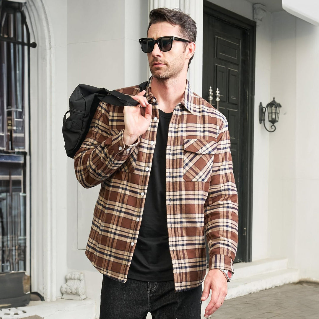 Men's green and black plaid fleece lined flannel jacket, a versatile button-down for casual winter outfitting