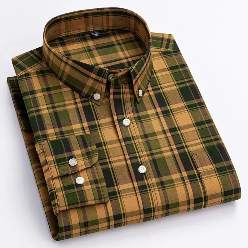 Men's red and black plaid long sleeve button-down shirt, perfect for casual wear. Classic flannel menswear.