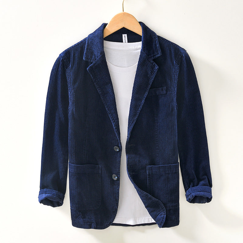 Men's relaxed fit blue corduroy blazer, front view, perfect for smart casual outfits