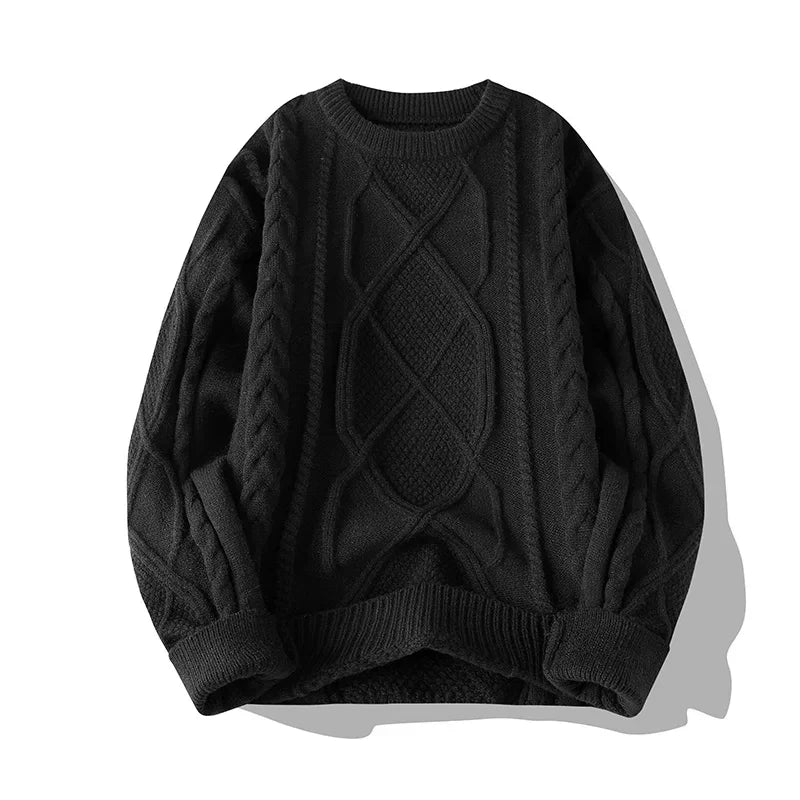 Men's warm wool blend cable knit sweater, a comfortable and casual crew neck knitwear piece.