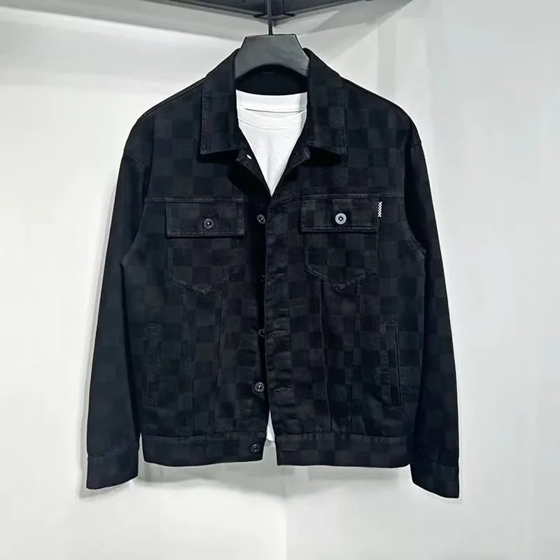 Men's relaxed fit checkered denim jacket, button-up, perfect for casual mid-season outerwear.