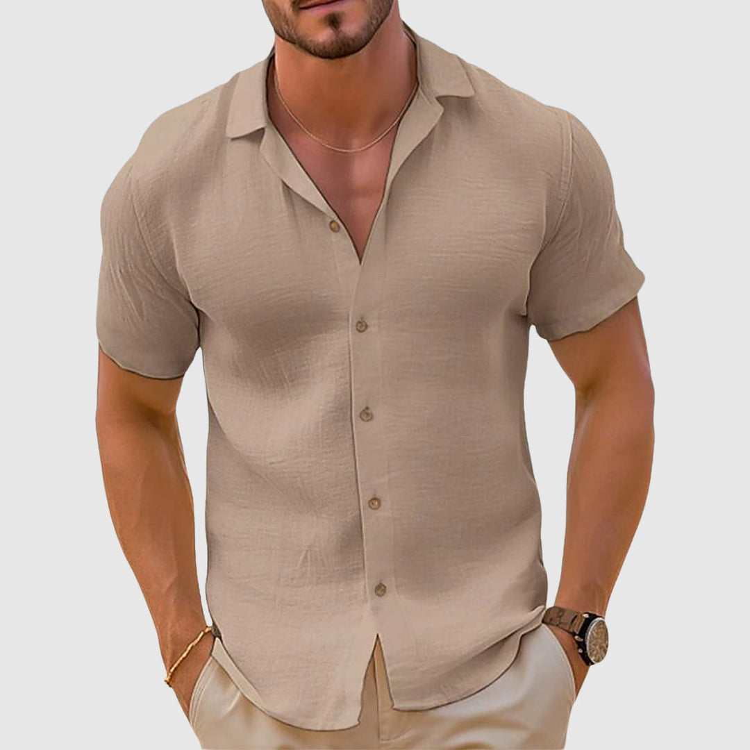Men's relaxed fit linen button-down shirt. Comfortable long-sleeve casual shirt for summer & beach style.
