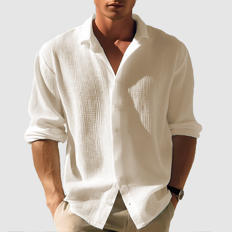 Relaxed fit men's long sleeve button-down shirt, offering ultimate comfort for summer casual activities.