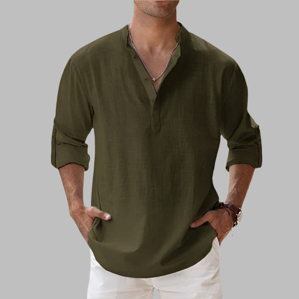 Modern men's relaxed fit long sleeve button-down shirt, essential for stylish summer menswear.