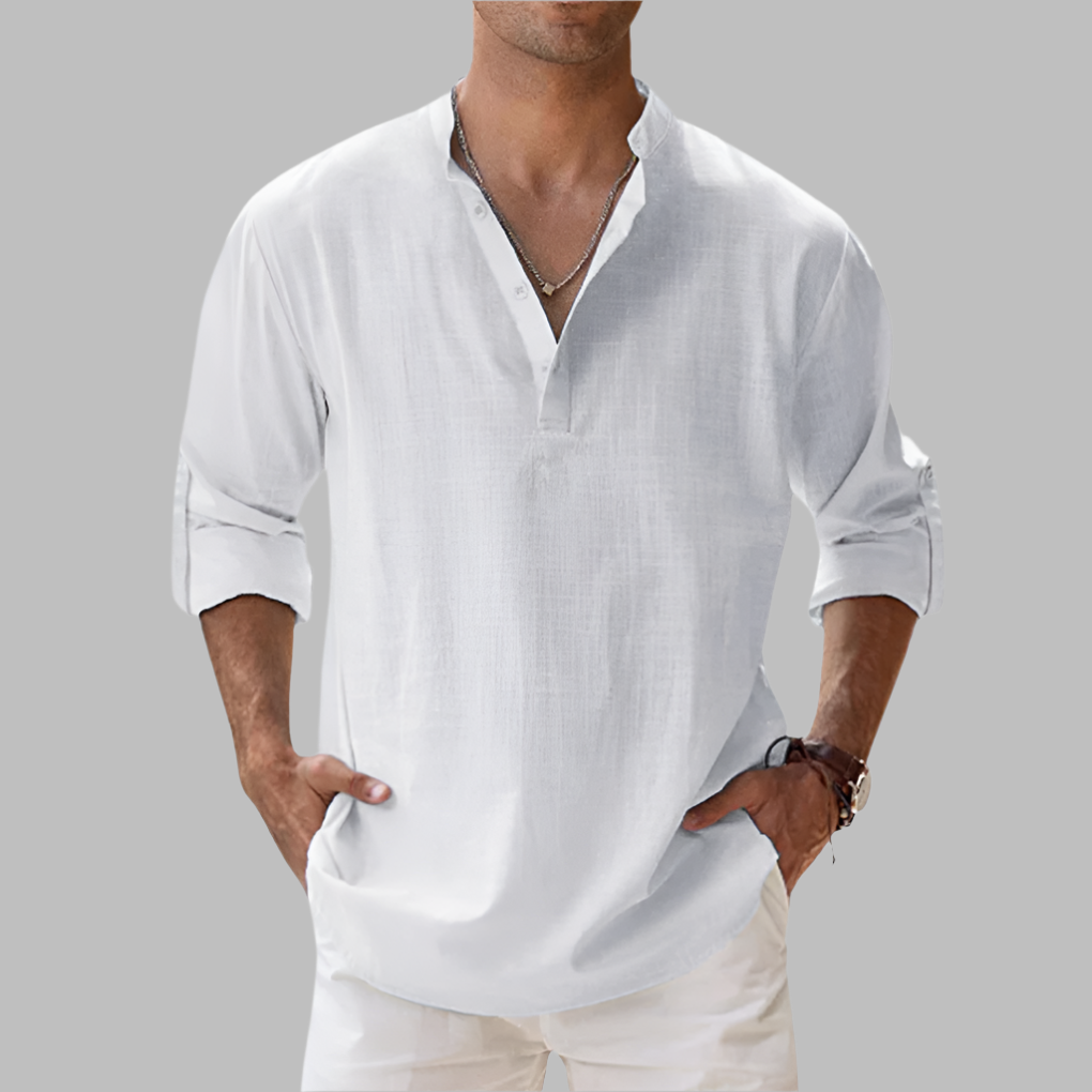 Men's casual button-down shirt with a relaxed fit, long sleeves, great for summer fashion & menswear.