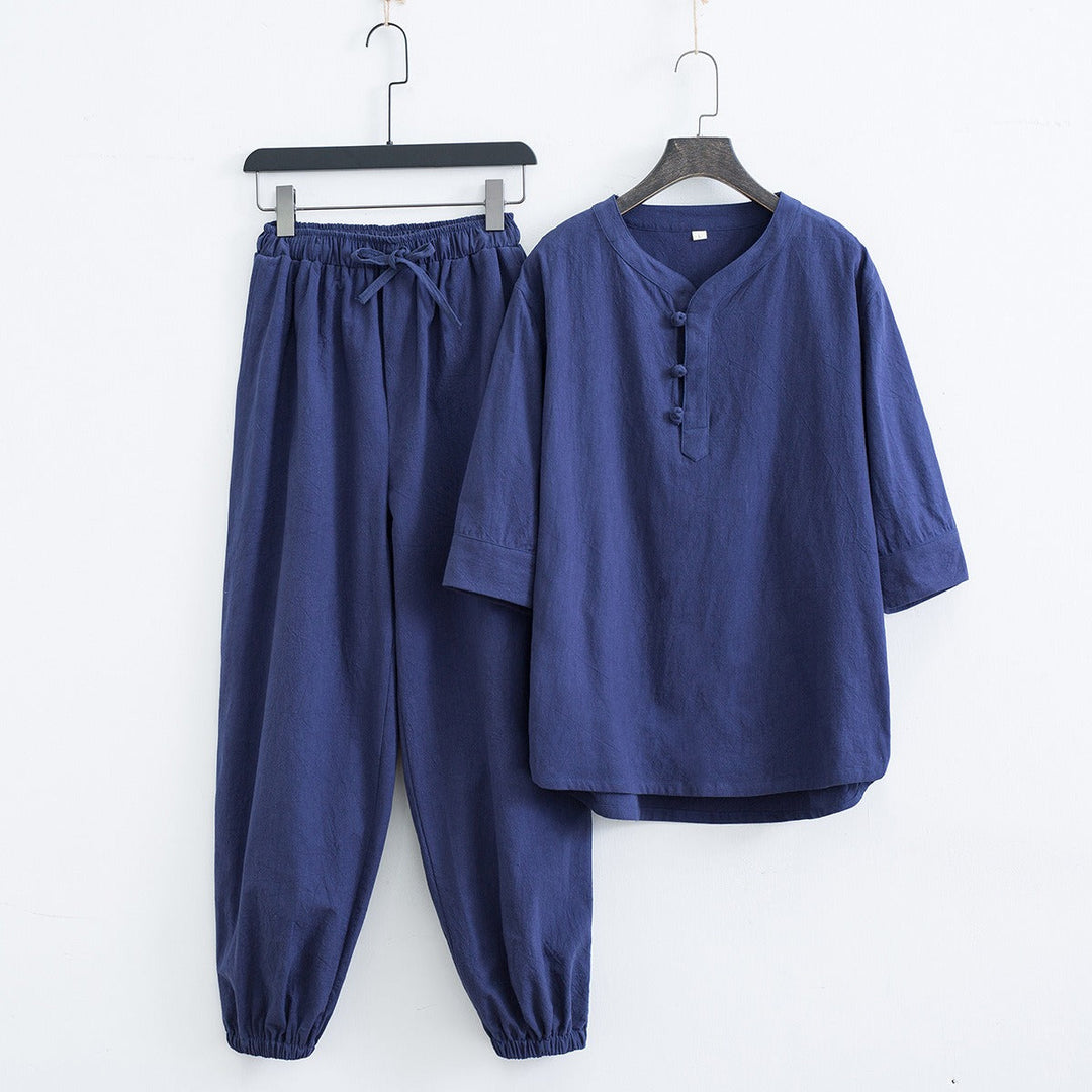 Men's relaxed linen blend two-piece set, perfect for summer casual wear and loungewear