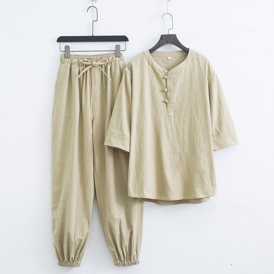 Close-up of the fabric texture on a men's relaxed linen blend two piece outfit, light and soft