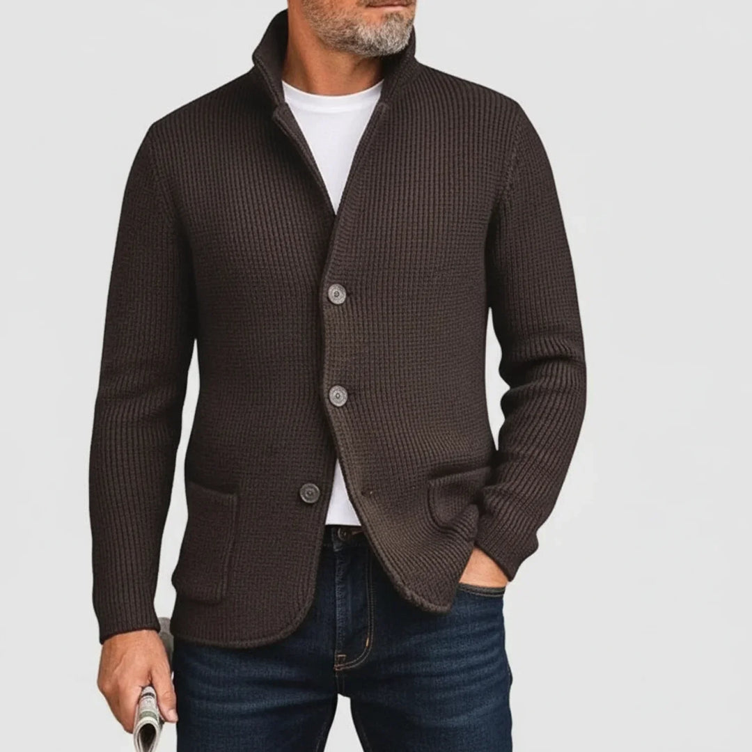 Casual men's button-front ribbed cardigan sweater with stand collar. Perfect for fall style.