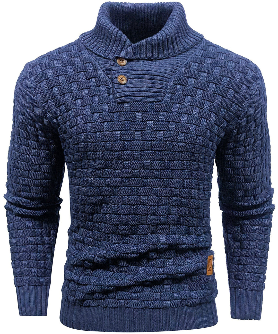 Vertical shot of men's ribbed knit pullover, showcasing its full length and design