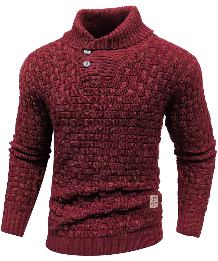 Close-up of the ribbed texture on a men's casual crew-neck pullover sweater