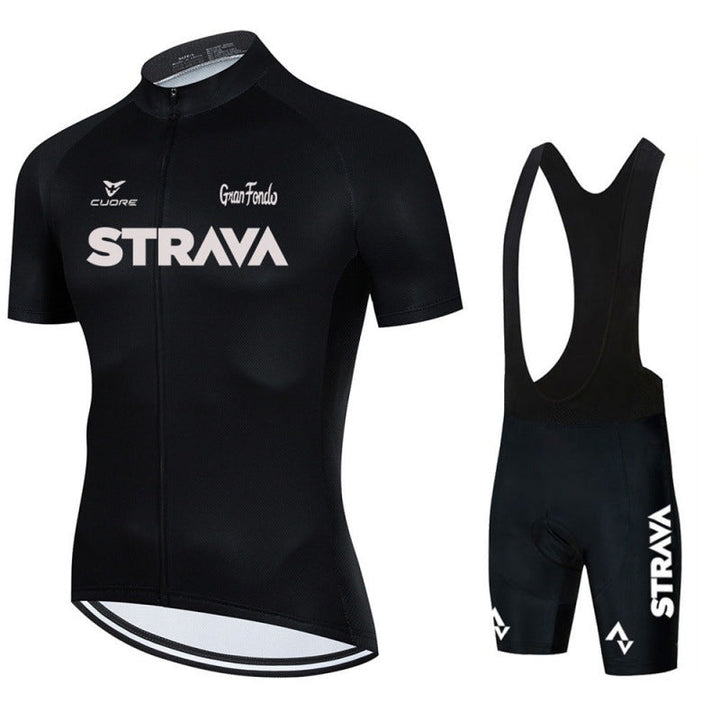 Men's cycling kit with short-sleeved jersey and padded shorts, ideal for activewear.
