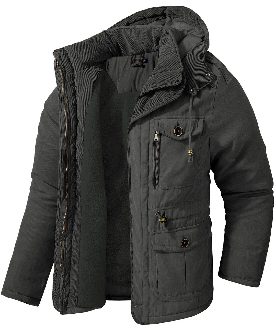 Detail of the fleece lining inside a men's heavyweight work jacket, providing warmth and comfort.
