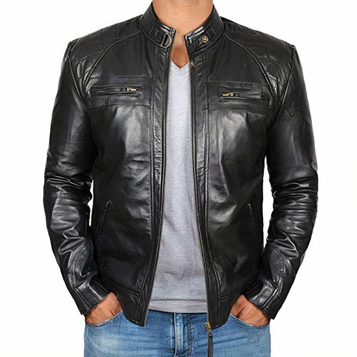 Rugged men's motorcycle jacket, durable for rides. Features secure zipper pockets, classic collar & sturdy construction.