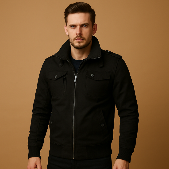 Stylish men's tactical bomber jacket, durable winter coat for casual outdoor fashion & streetwear.