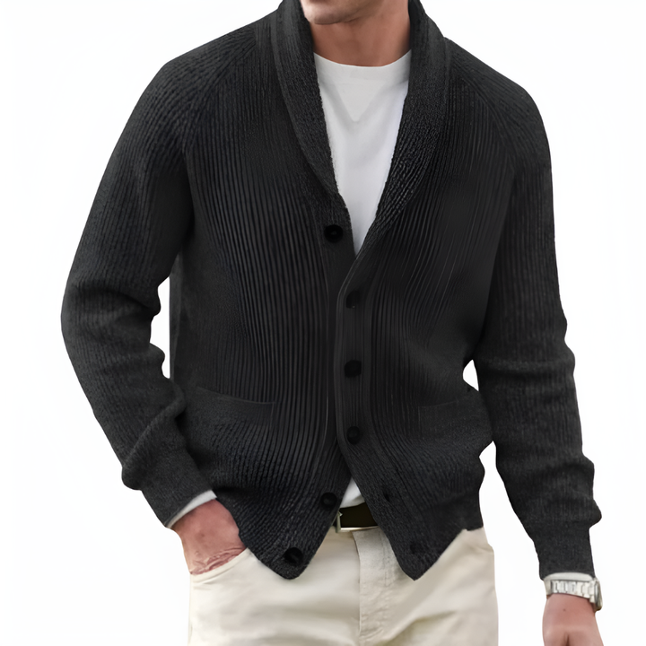 Men's shawl collar button-front knit cardigan, a smart casual layering piece for everyday comfort.