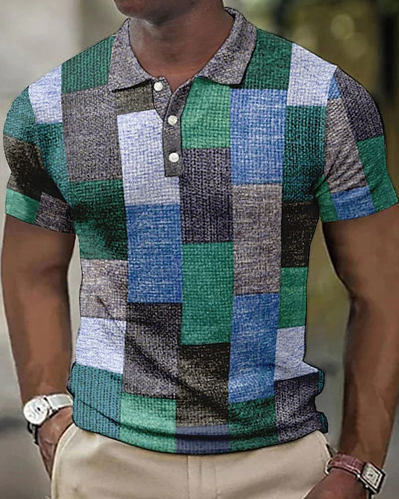 Breathable men's check polo shirt with a contemporary grid pattern. Comfortable short sleeve top for warm weather.