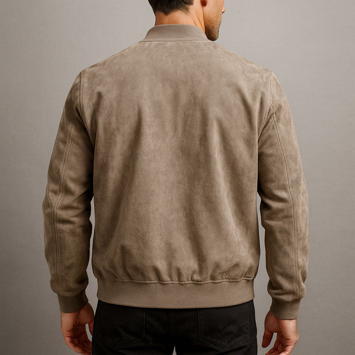 Close-up of a men's versatile bomber jacket. Features a smooth fabric and comfortable zip-up design for modern fashion.