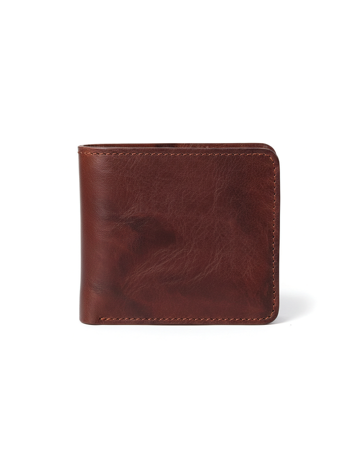 Open view of a men's slim leather bifold wallet, showcasing its soft cowhide interior.