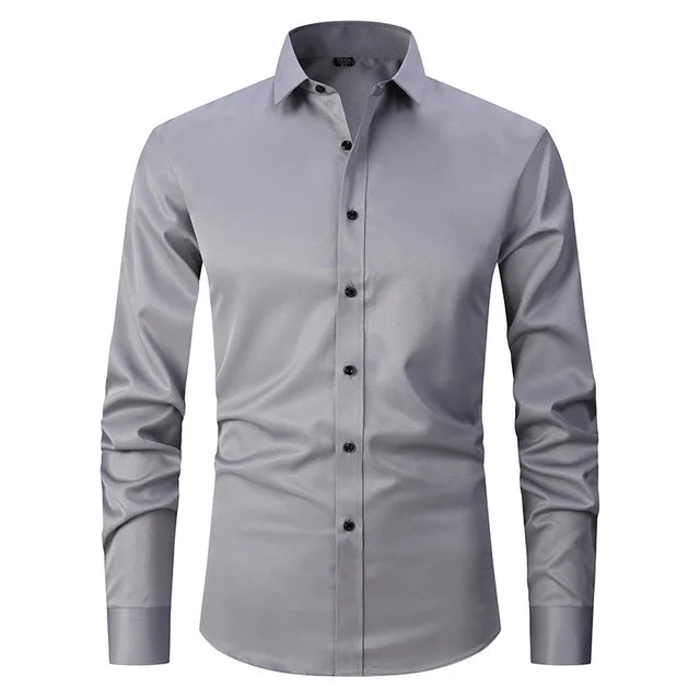 Men's slim-fit button-down dress shirt in white, perfect for formal or casual wear.