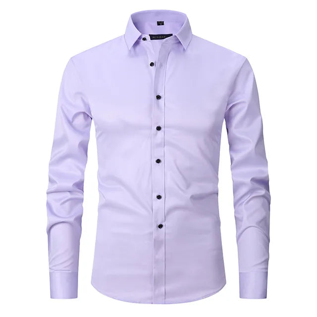 Flat lay of a folded men's slim-fit long-sleeve button-down dress shirt, ready to wear.