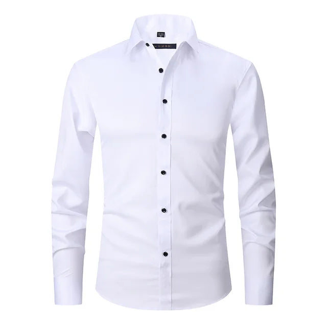 Collared men's slim-fit dress shirt in a light color, suitable for office or evenings.