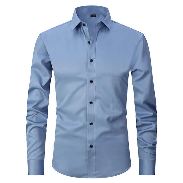 Close-up of the collar on a men's long-sleeve slim-fit button-down dress shirt.
