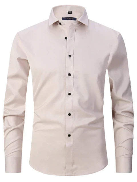 Detail of the buttons and placket on a versatile men's slim-fit collared shirt.