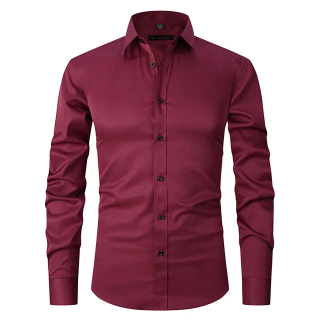 Open men's slim-fit button-down dress shirt, ideal for a casual layered look.