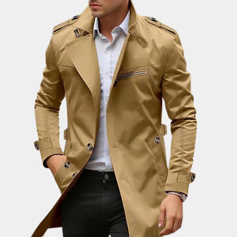 Men's slim fit double-breasted trench coat in classic khaki for fall/winter fashion
