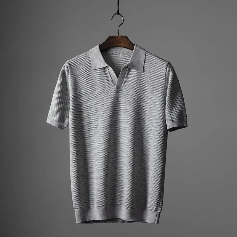 Men's slim fit knit polo shirt with open collar, ideal for casual summer wear.