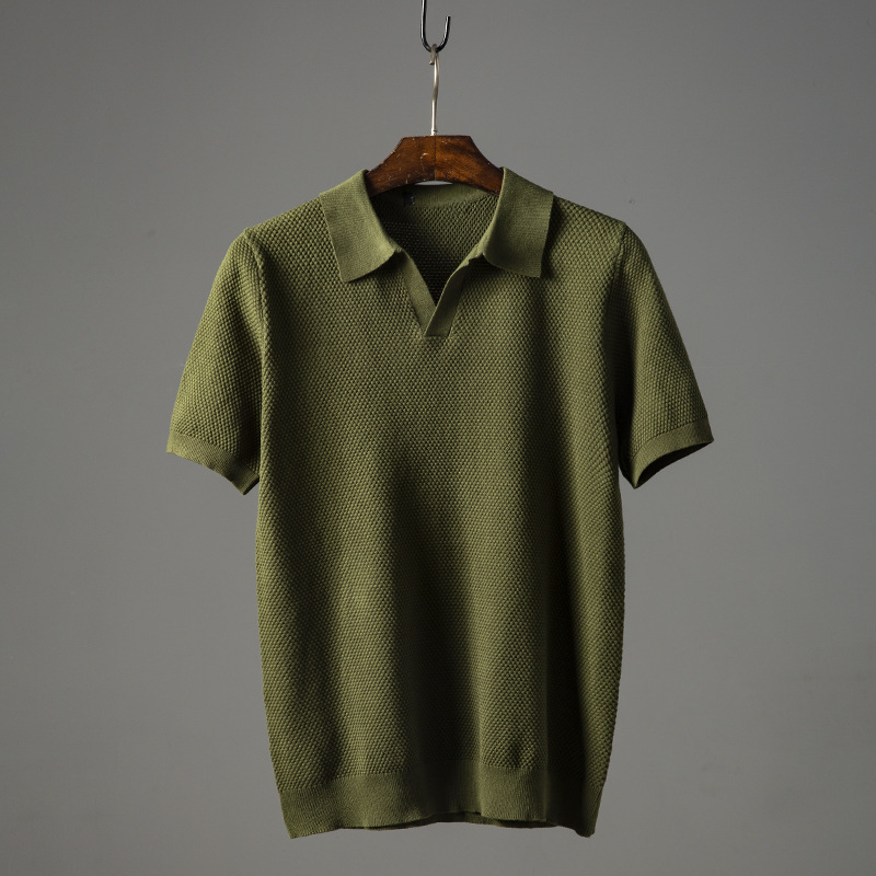 Stylish men's knit polo top featuring a unique open collar and textured fabric.