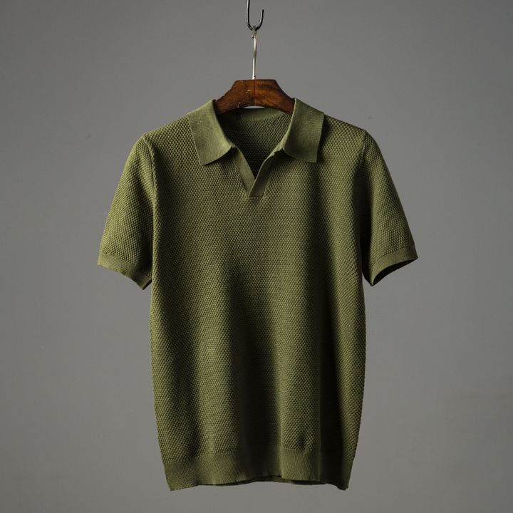 Stylish men's knit polo top featuring a unique open collar and textured fabric.
