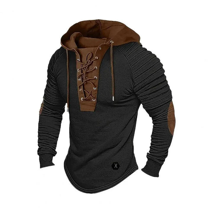 Men's slim fit lace-up hoodie in fall fashion, perfect for casual wear and athleisure.
