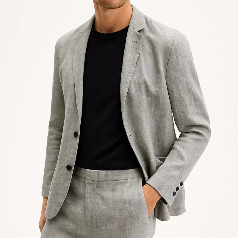 View of a men's breathable linen blend two-piece suit, highlighting its relaxed yet refined look.