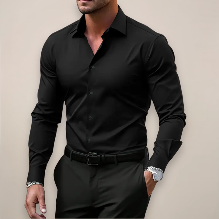 Modern men's slim-fit long sleeve shirt, a fashionable button-down piece for office or weekend style.