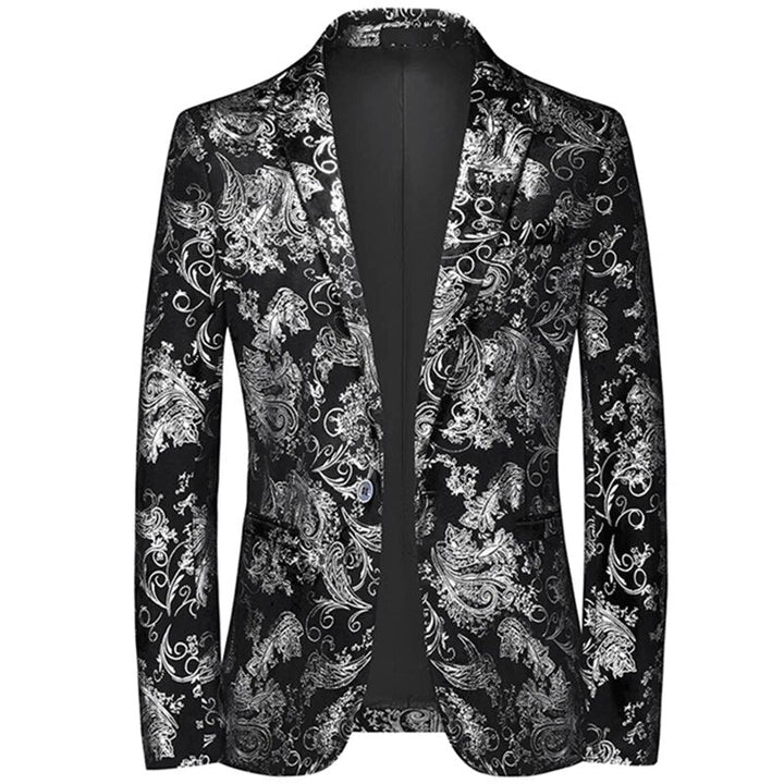 Men's slim-fit patterned blazer, ideal for modern formal events & smart casual style. Versatile suit jacket.