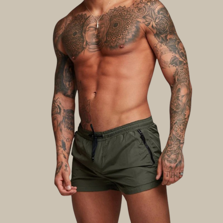 Durable men's swimwear: quick-dry, stretch swim trunks with an adjustable drawstring for beach or pool.