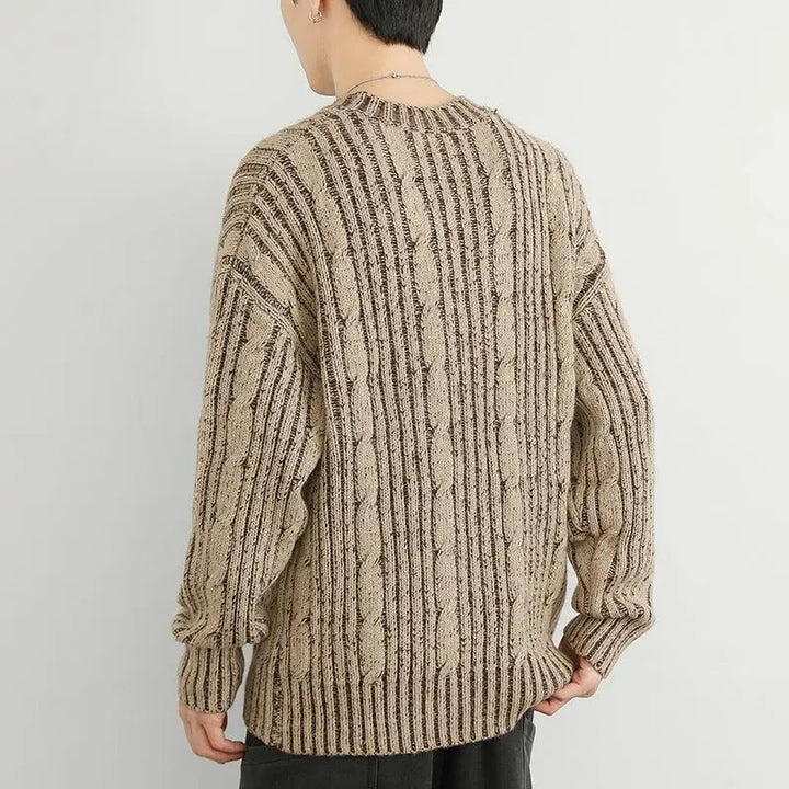 Versatile men's striped wool blend crewneck sweater, a staple for any winter wardrobe.