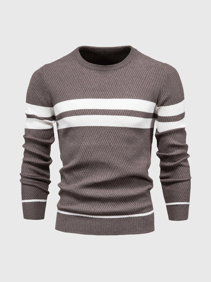 Side profile of a man wearing a stylish striped cotton blend crewneck sweater.