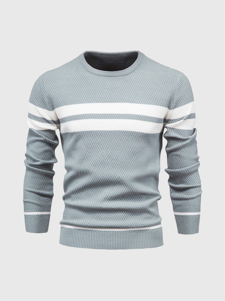 Men's wear: a classic striped crewneck sweater, an essential cotton blend piece.