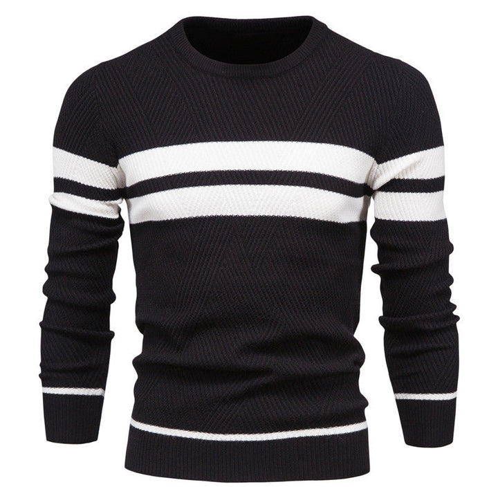 Soft cotton blend men's striped sweater, designed for ultimate comfort and style.