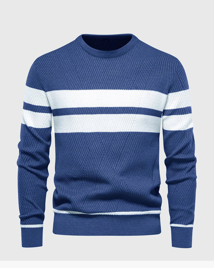 Versatile men's striped long sleeve crewneck sweater, a cozy cotton blend for any occasion.