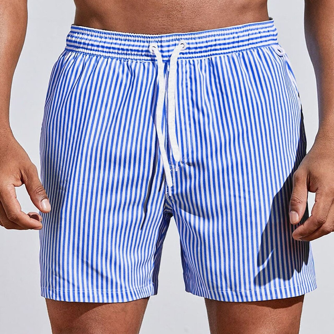 Comfortable men's drawstring swim trunks, striped design for beach-ready style.