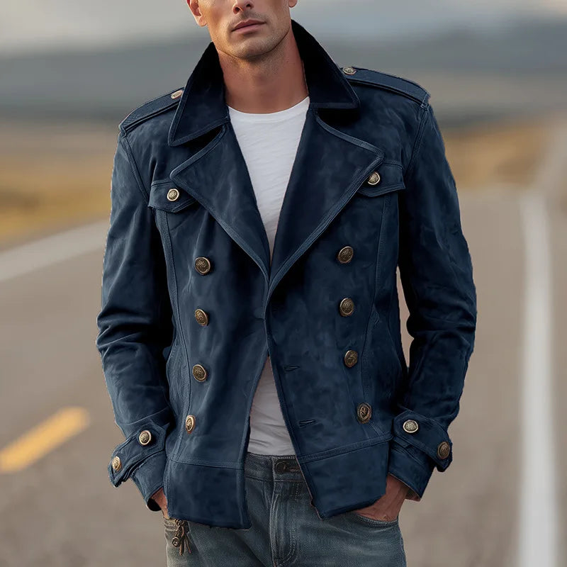 Versatile men's structured double-breasted coat. Classic outerwear jacket for all-season sophisticated layering.